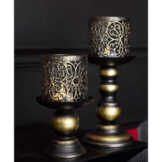 7" Gold-Brushed Black Filigree Metal Tealight Candle Holder by Ashland®